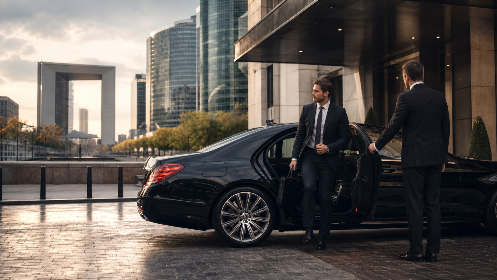Chauffeur holding the rear door of a black luxury sedan as a businessman in a suit steps out with a briefcase