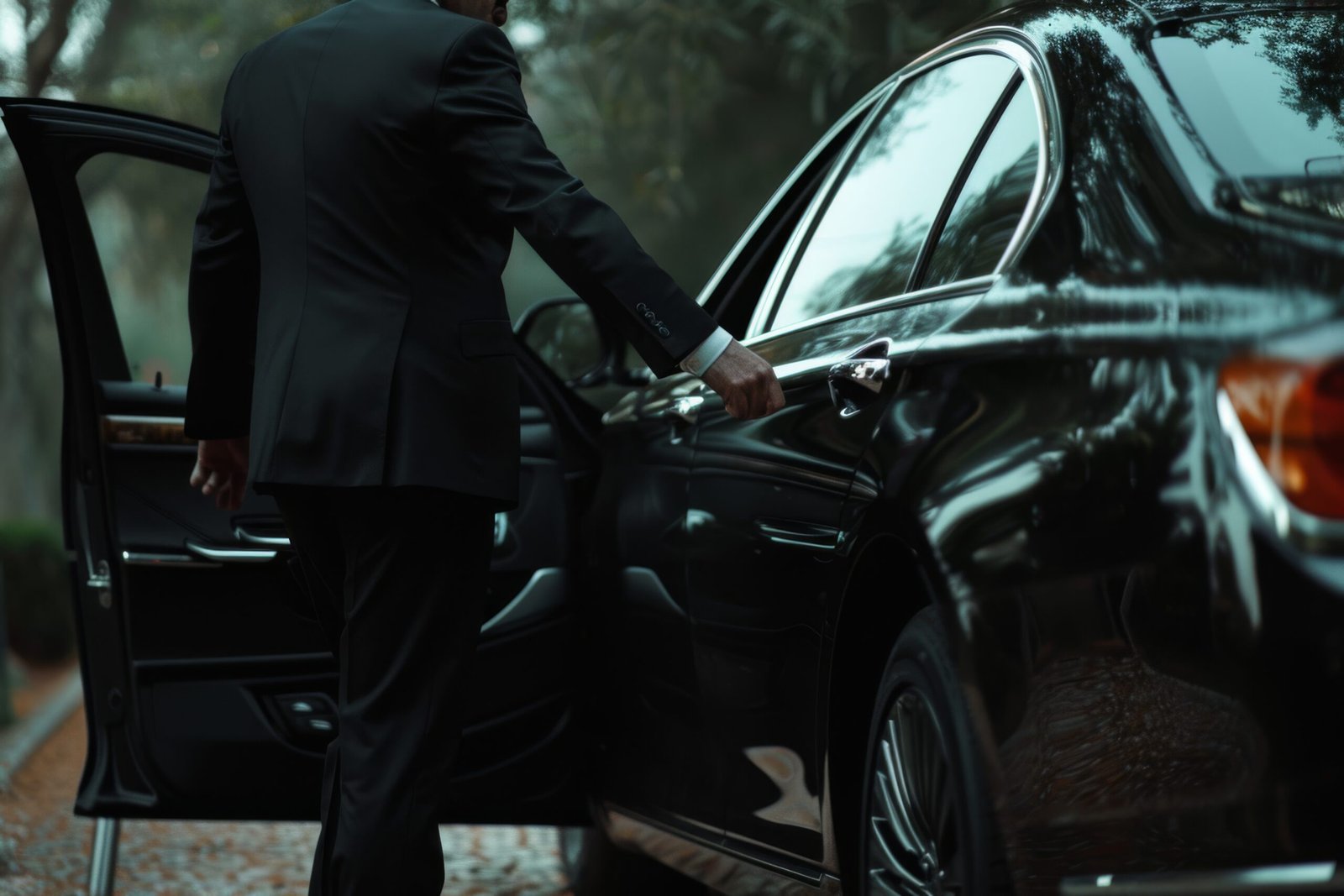Elegantly dressed person enters a sleek black car, hinting at a scene of sophistication and mystery in a wooded setting.