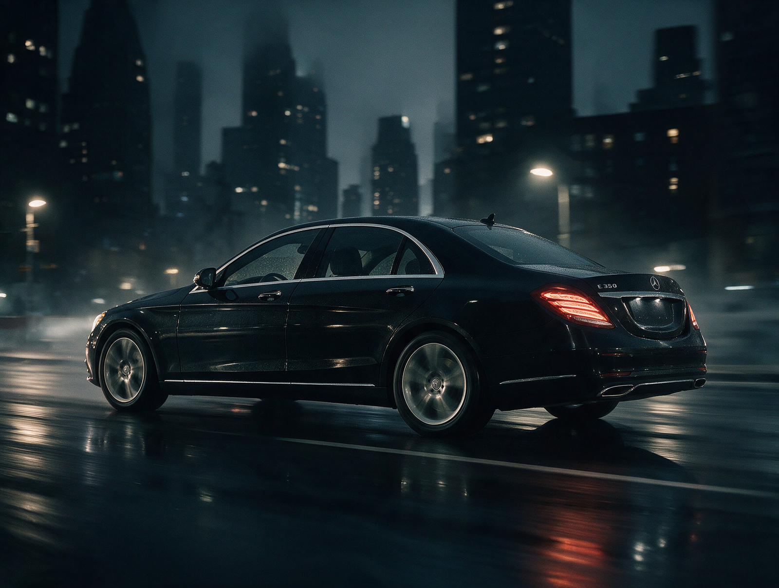 Black Mercedes-Benz E-Class sedan driving through city at night on wet road