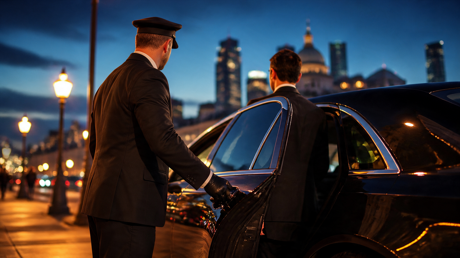 Professional chauffeur in uniform opening car door for client at night with city skyline