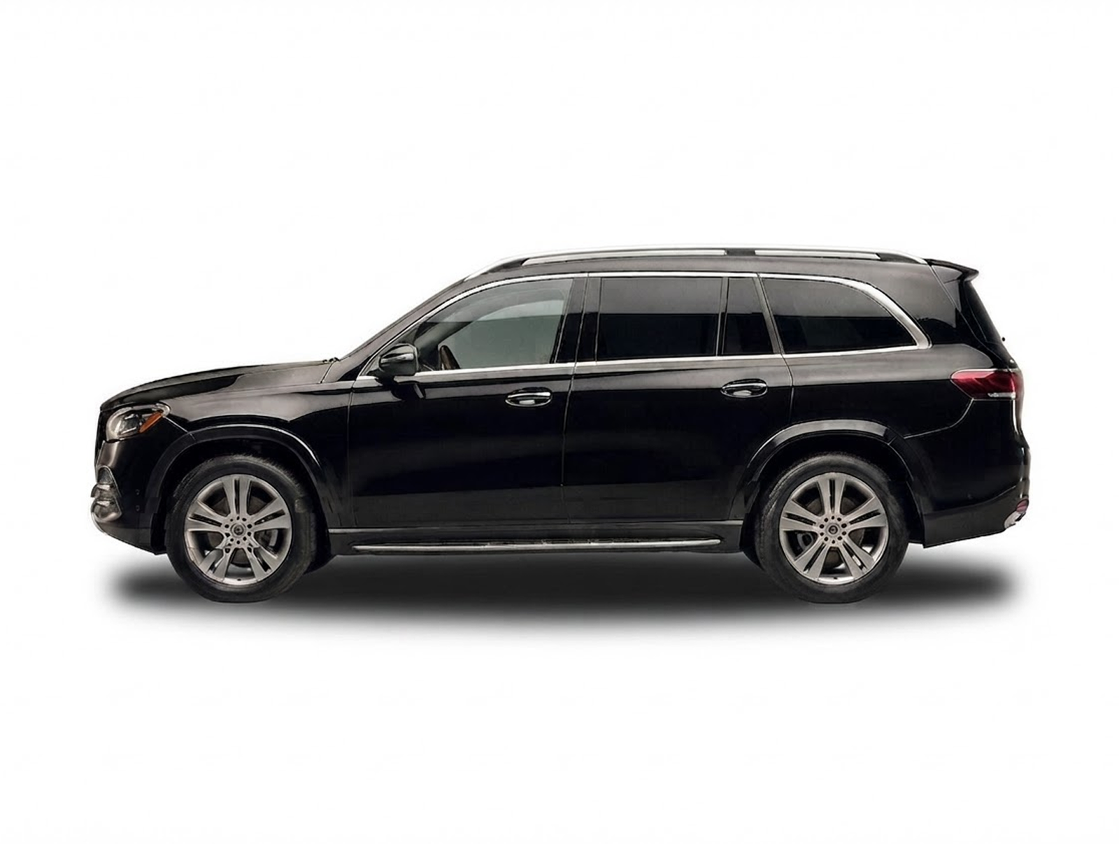 Black Mercedes-Benz GLS luxury SUV side profile on white background