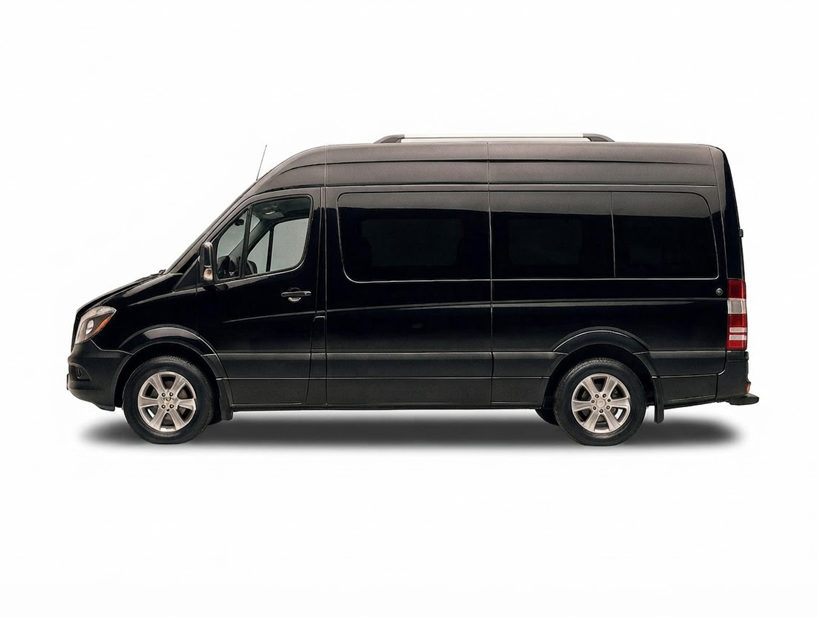 Black Mercedes-Benz Sprinter executive van side profile on white background