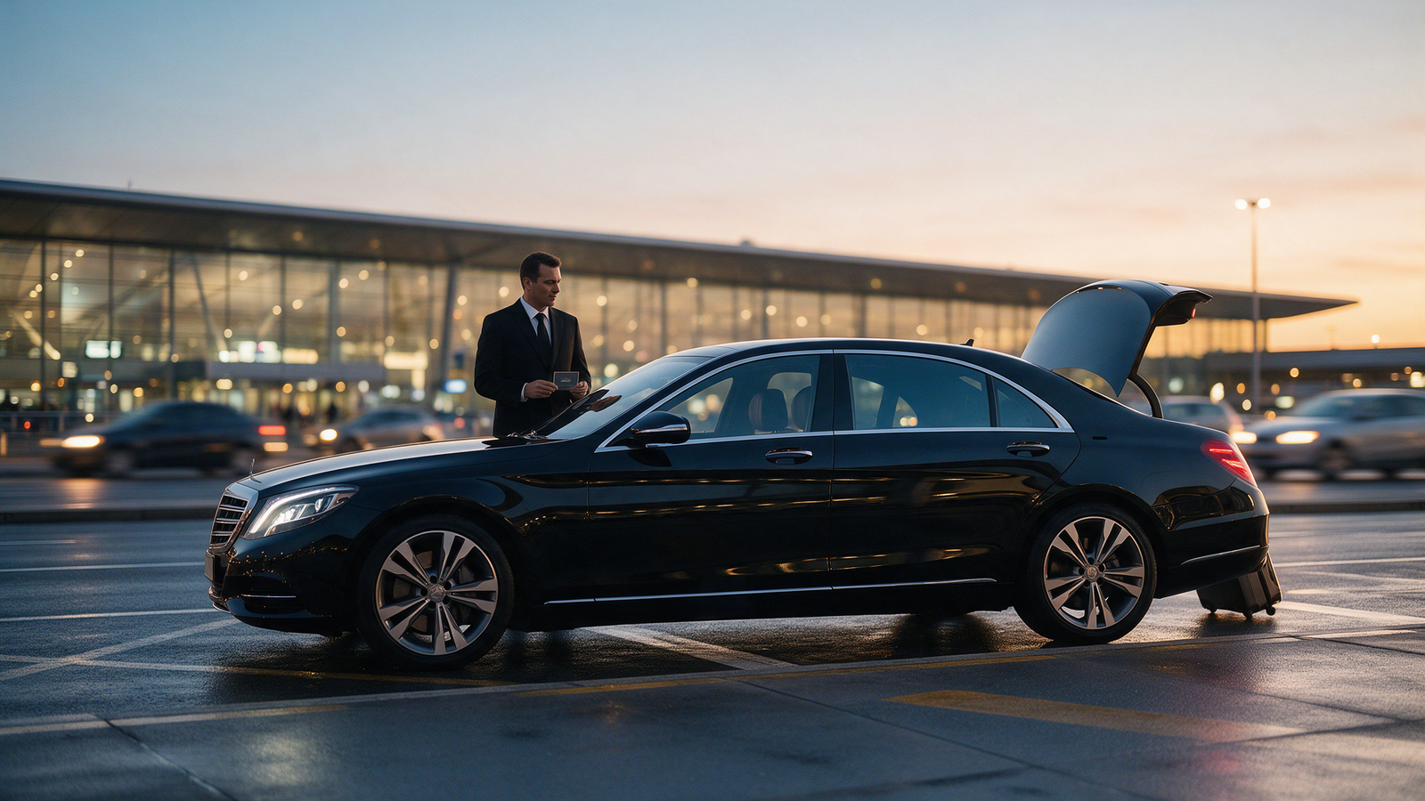 Chauffeur greeting client at airport terminal beside black Mercedes-Benz S-Class with open trunk