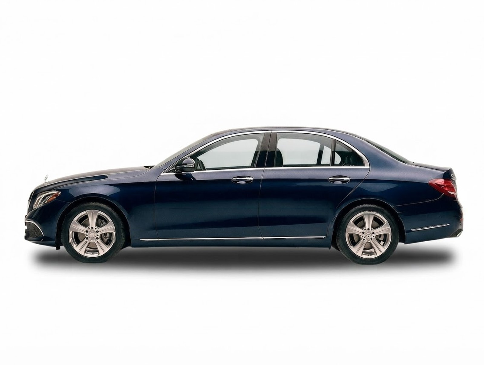 Dark blue Mercedes-Benz E-Class sedan side profile on white background