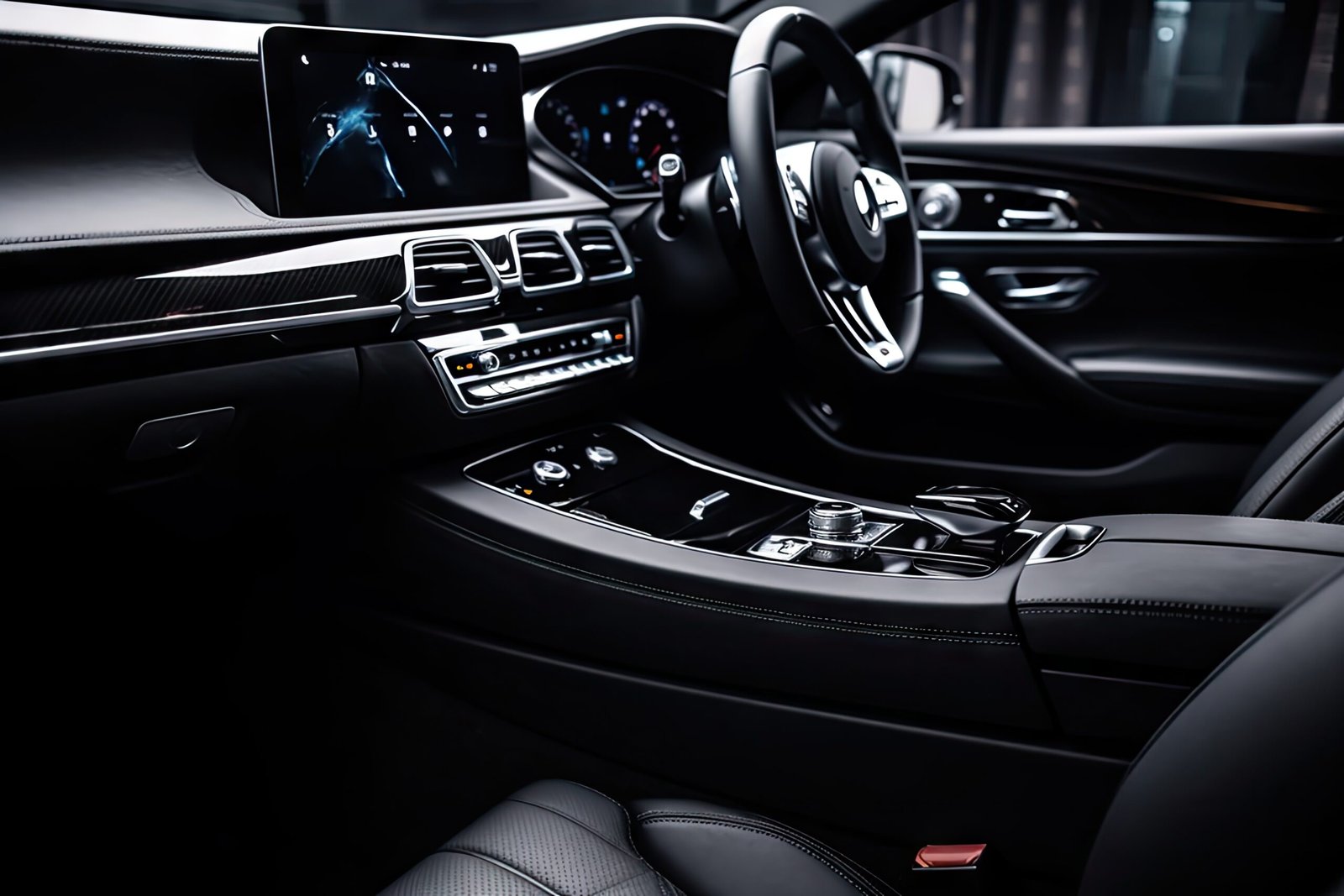 modern car with sleek accessories, including infotainment system and smartphone charger, created with generative ai